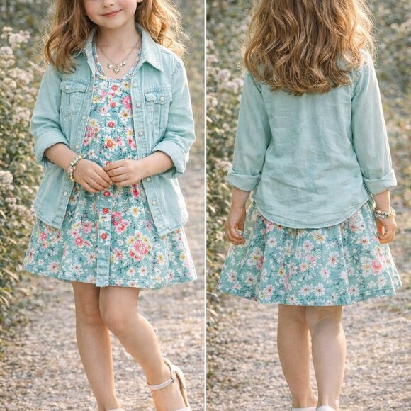 Ralph Lauren Girls Preppy Outfit Set 6X Mint Floral Dress + Denim Shirt + Access - Picture 7 of 7
